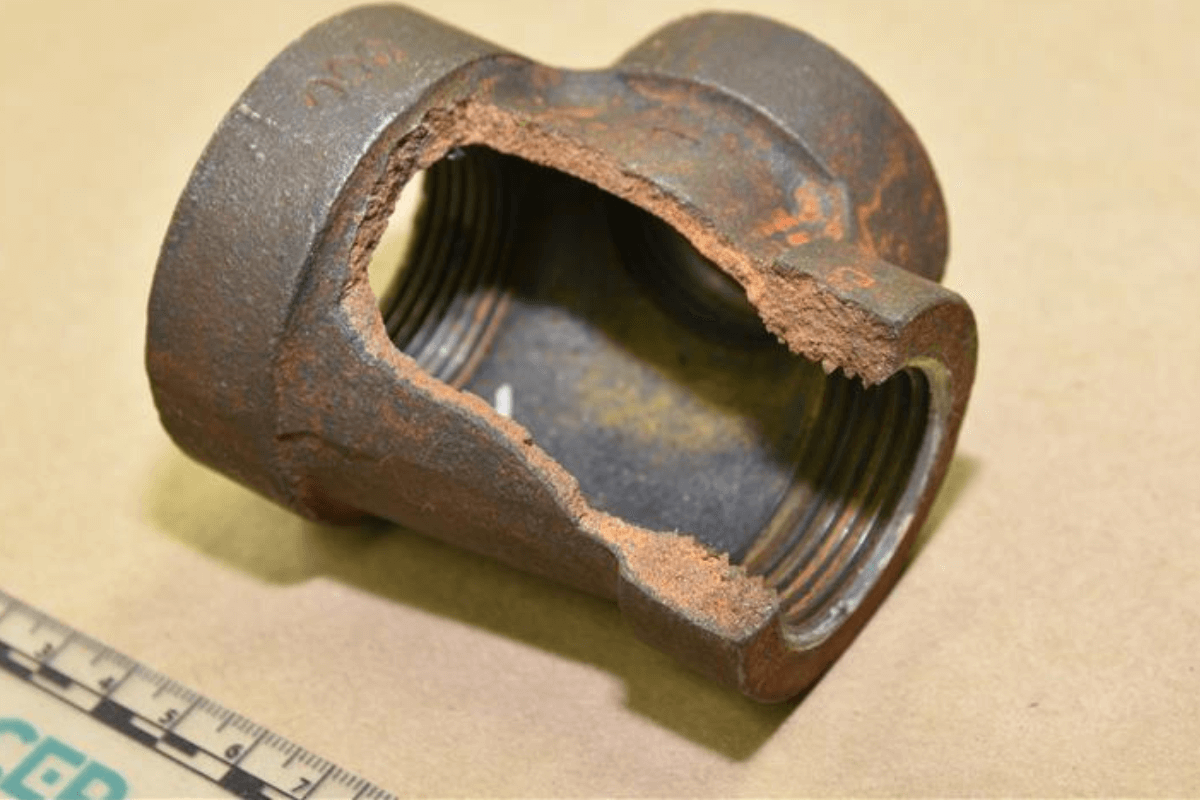 Ruptured Cast Iron Tee Fitting Installed On An Automatic Sprinkler System